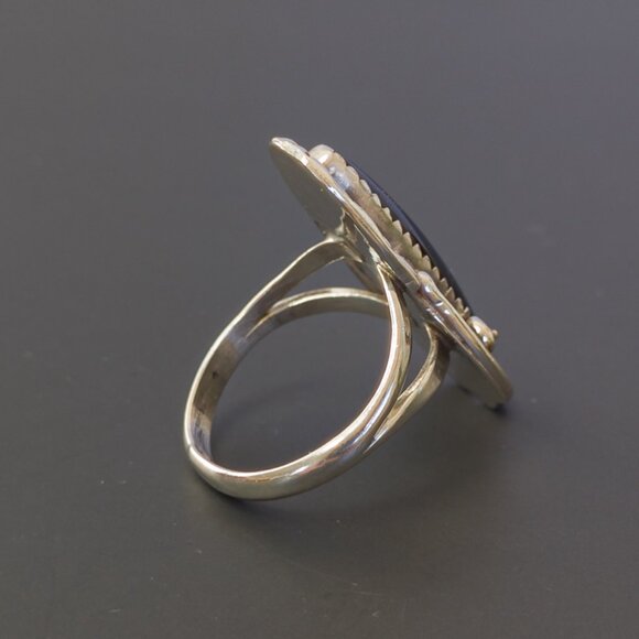 Sterling Long Onyx Navette Ring with Leaf & Scroll — Size 6.5–6.75 - Picture 4 of 8